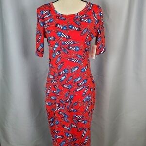 NWT Lularoe Julia, red/white/blue firecracker pattern, size M